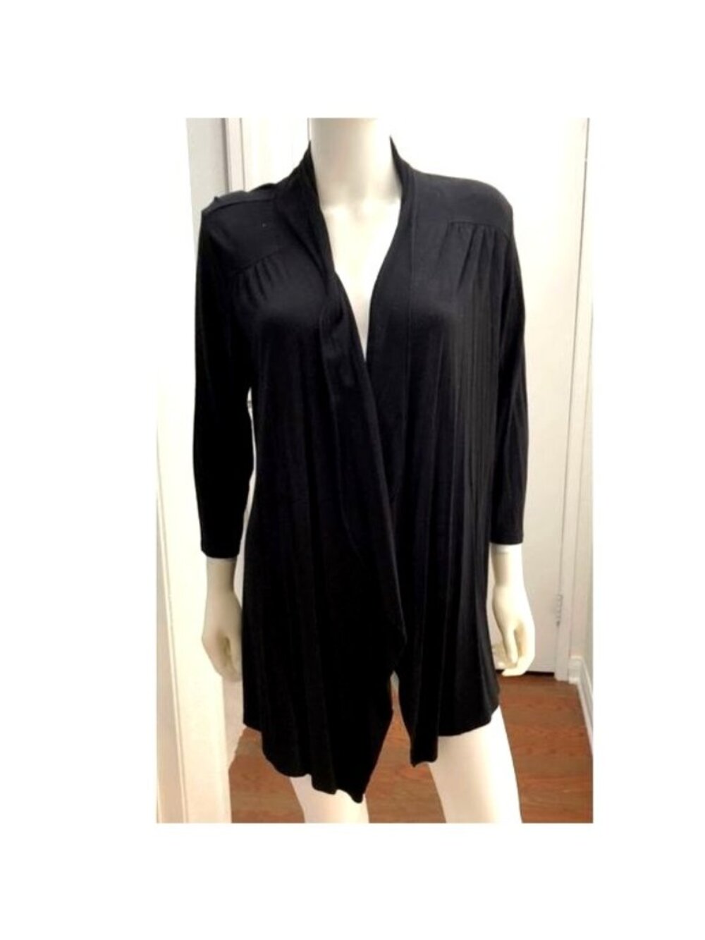 INVESTMENTS- WOMENS BLACK 3/4 SLEEVES CASCADE OPEN FRONT CARDIGAN SIZE MEDIUM